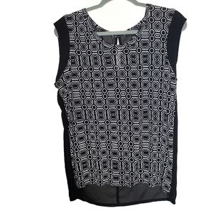 Black white geometric sheer sleeveless tank top L